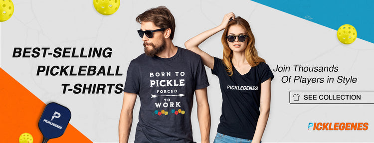 Two people wearing pickleball-themed t-shirts with promotional text and graphics.