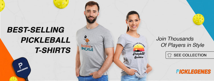Two people wearing pickleball-themed t-shirts with promotional text and branding.