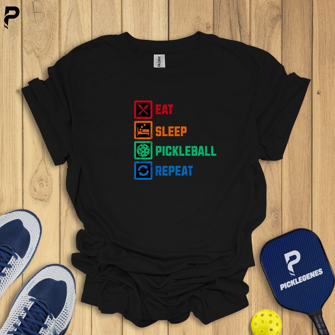 Eat Sleep Pickleball Repeat T-shirt – Fun and comfortable pickleball shirt for men and women, perfect for daily play.