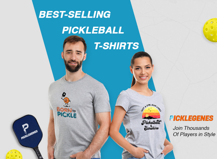 Two people wearing pickleball-themed t-shirts with promotional text and branding.