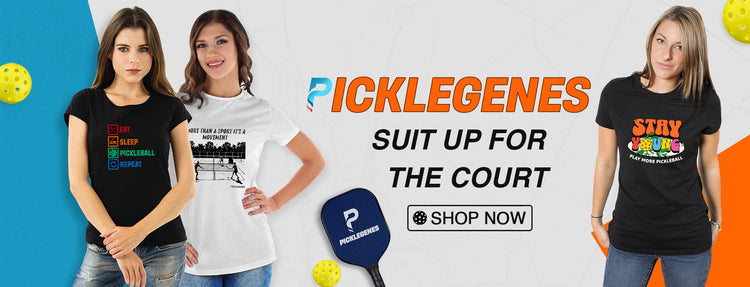 Three women wearing pickleball-themed t-shirts with promotional text and a Picklelegenes logo.